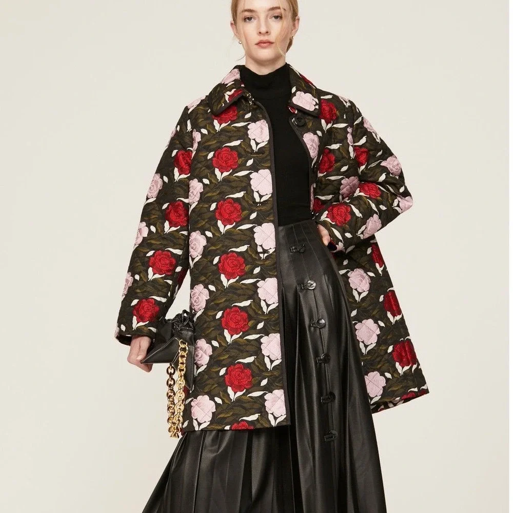 Kate Spade New York Sz XL Quilted Floral Rose Jacket Coat Black Pink Red